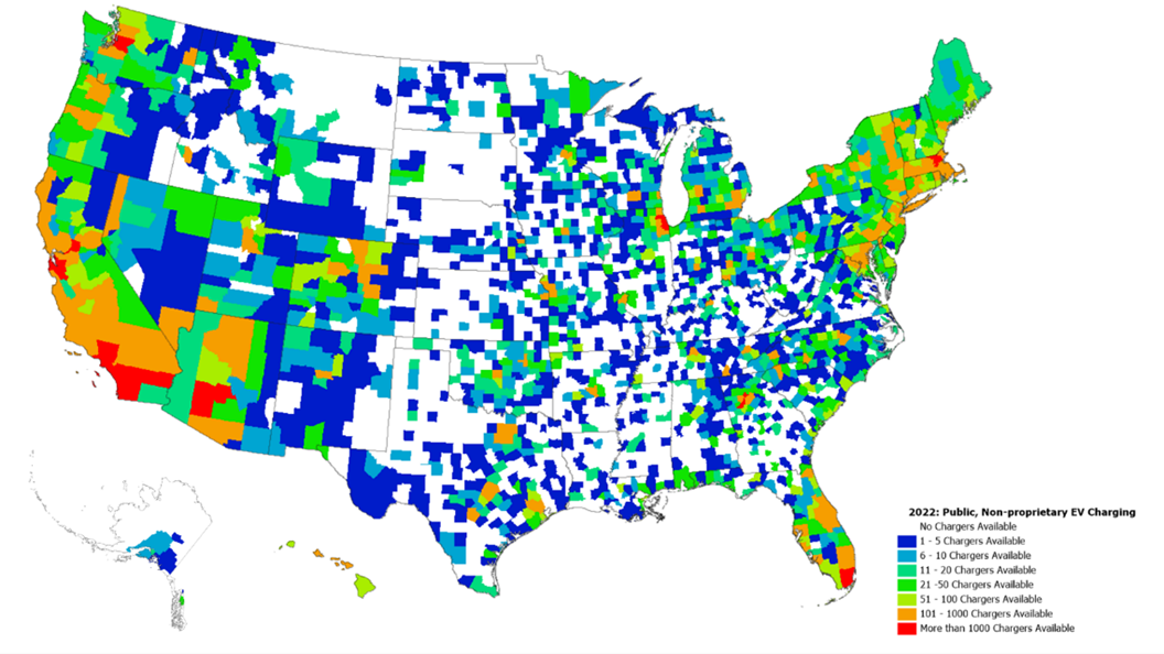 map of the U.S. showing public charging availability data